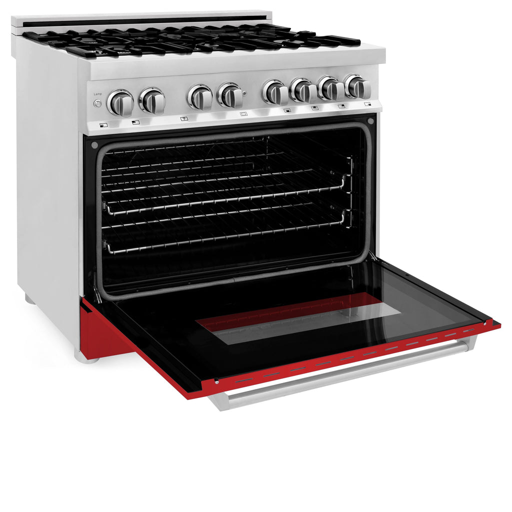 ZLINE 36 in. Dual Fuel Range with 6-Burner Gas Cooktop and Electric Convection Oven in Stainless Steel with Red Matte Door (RA-RM-36)