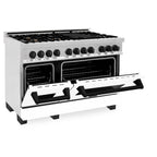 ZLINE Autograph 48 in. 6.0 cu. ft. Legacy Dual Fuel Range with 7 Gas Burners and Double Electric Ovens in Satin Stainless Steel with White Matte Doors and Matte Black Accents (RASZ-WM-48-MB)