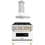 ZLINE Autograph Package - 36 In. Dual Fuel Range and Range Hood with White Matte Door and Gold Accents, 2AKP-RAWMRH36-G