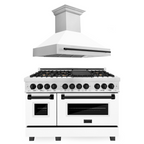 ZLINE Autograph Package - 48" Dual Fuel Range, Range Hood in Satin Stainless Steel Stainless with White Matte Door, Matte Black Accents