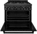 ZLINE Kitchen and Bath Appliance Package - 36 in. Dual Fuel Range, Range Hood, Microwave Drawer, Refrigerator in Black Stainless, 4KPR-RABRH36-MW