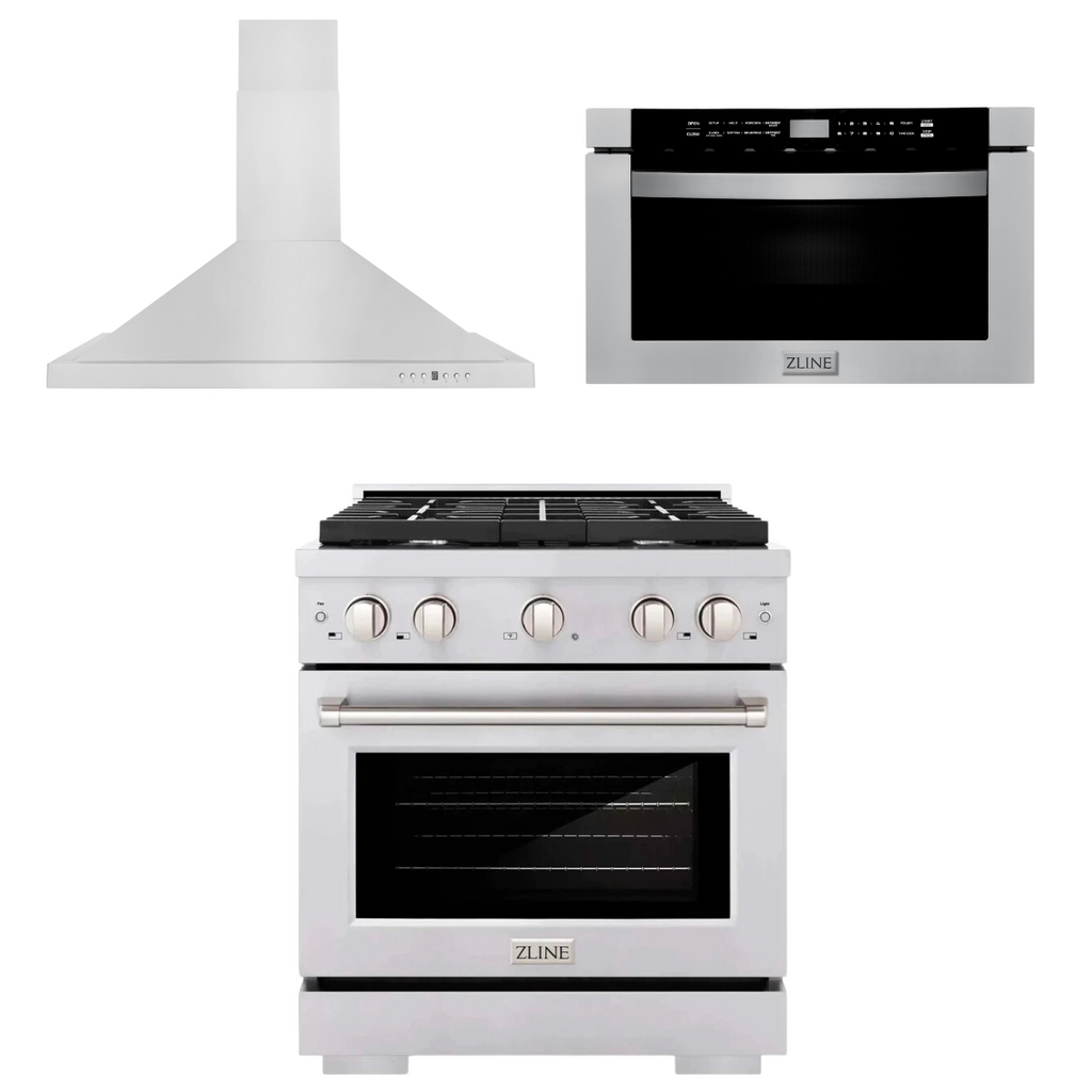 ZLINE Appliance Package - 30" Gas Range, Range Hood, Microwave Drawer, 3KP-SGRRH30-MW