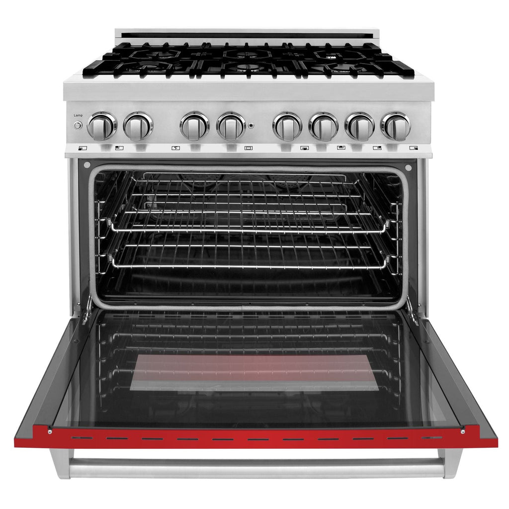 ZLINE 36 in. Dual Fuel Range with 6-Burner Gas Cooktop and Electric Convection Oven in Stainless Steel with Red Matte Door (RA-RM-36)