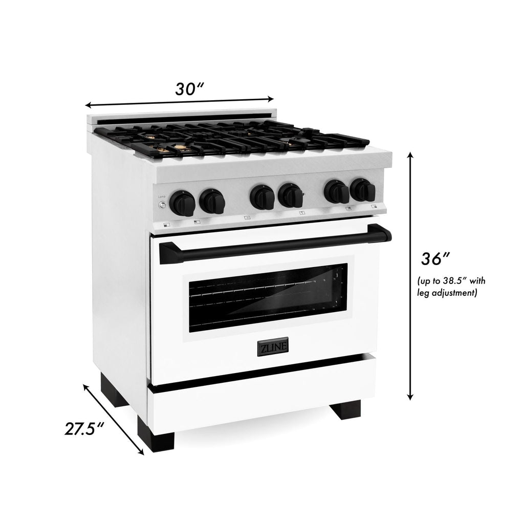 ZLINE Autograph Edition 30 in. 4.0 cu. ft. Legacy Dual Fuel Range with 4-Burner Gas Cooktop and Electric Convection Oven in Satin Stainless Steel with White Matte Door and Matte Black Accents (RASZ-WM-30-MB)