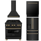 ZLINE Autograph Package - 30" Dual Fuel Range, Range Hood, Refrigerator, Dishwasher in Black with Bronze Accents