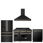 ZLINE Autograph Package - 48" Dual Fuel Range, Range Hood, Refrigerator, Dishwasher in Black Stainless, Gold Accents