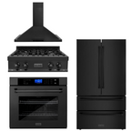 ZLINE 4-Piece Appliance Package - 30 In. Rangetop, Range Hood, Refrigerator, and Wall Oven in Black Stainless Steel, 4KPR-RTBRH30-AWS