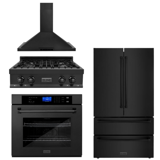 ZLINE 4-Piece Appliance Package - 30 In. Rangetop, Range Hood, Refrigerator, and Wall Oven in Black Stainless Steel, 4KPR-RTBRH30-AWS