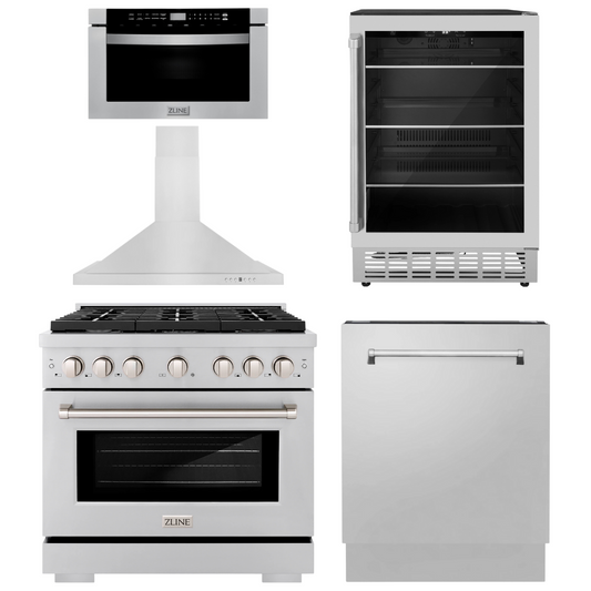 ZLINE Appliance Package - 36" Gas Range, Range Hood, Microwave Drawer, Dishwasher and Beverage Fridge, 5KP-SGRRH36-MWDWV-RBV