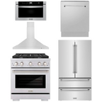 ZLINE Appliance Package - 30" Gas Range, Range Hood, 36" Refrigerator with Ice Maker, 24" Microwave Drawer and Dishwasher in Stainless Steel