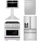 ZLINE Appliance Package - 30" Gas Range, Range Hood, 36" Refrigerator with Water/Ice Dispenser, 24" Microwave Drawer and Dishwasher in Stainless Steel