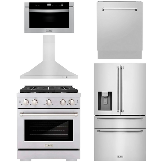 ZLINE Appliance Package - 30" Gas Range, Range Hood, 36" Refrigerator with Water/Ice Dispenser, 24" Microwave Drawer and Dishwasher in Stainless Steel