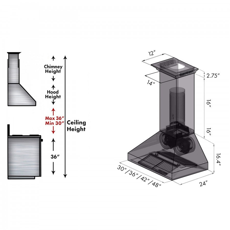 ZLINE 48 in Wall Range Hood Stainless Steel Built-In Bluetooth Speakers CrownSound 667CRN-BT-48