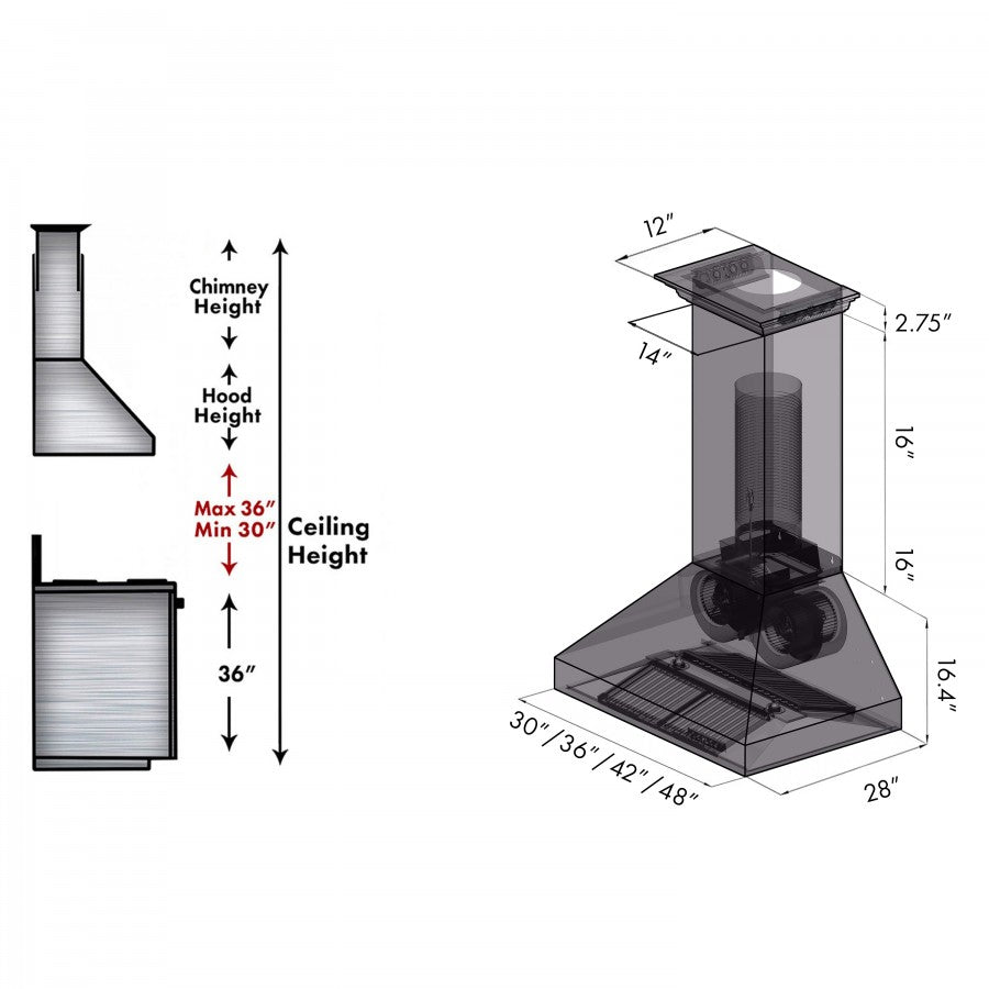 ZLINE 36 in. Wall Mount Range Hood Stainless Steel Built-In Bluetooth Speakers CrownSound® (697CRN-BT-36)