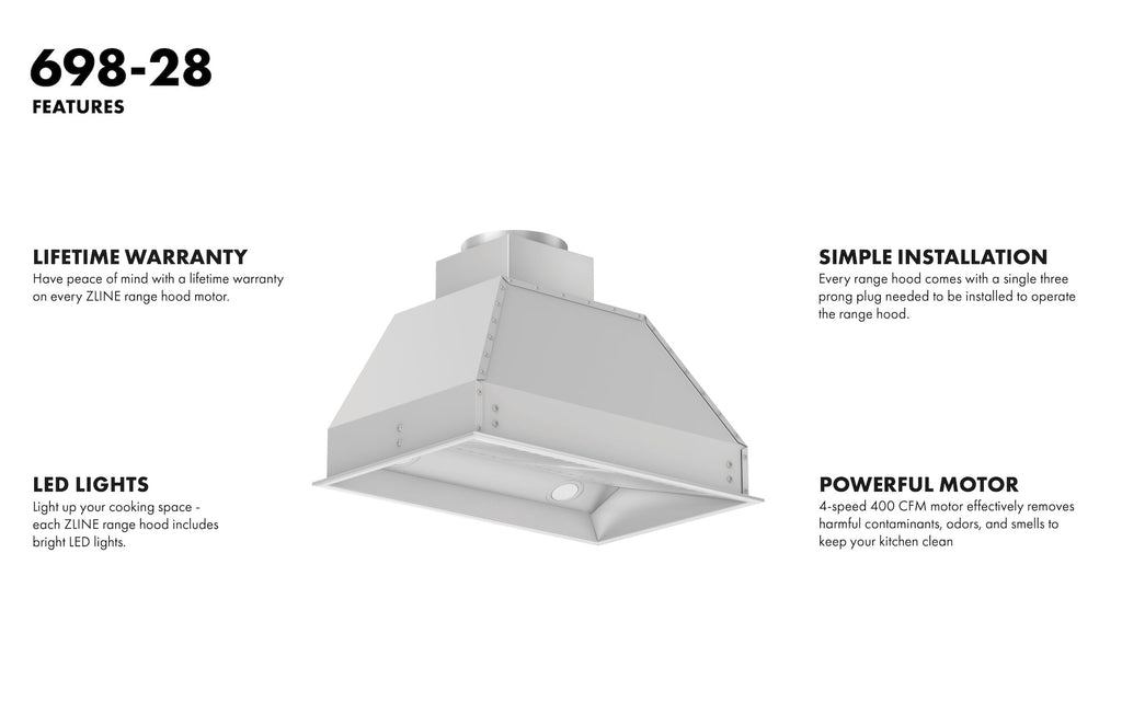 ZLINE 28 in. Range Hood Insert 18 in. Depth Wall Mount Stainless Steel Built-In Ventilation 700 CFM (698-28)