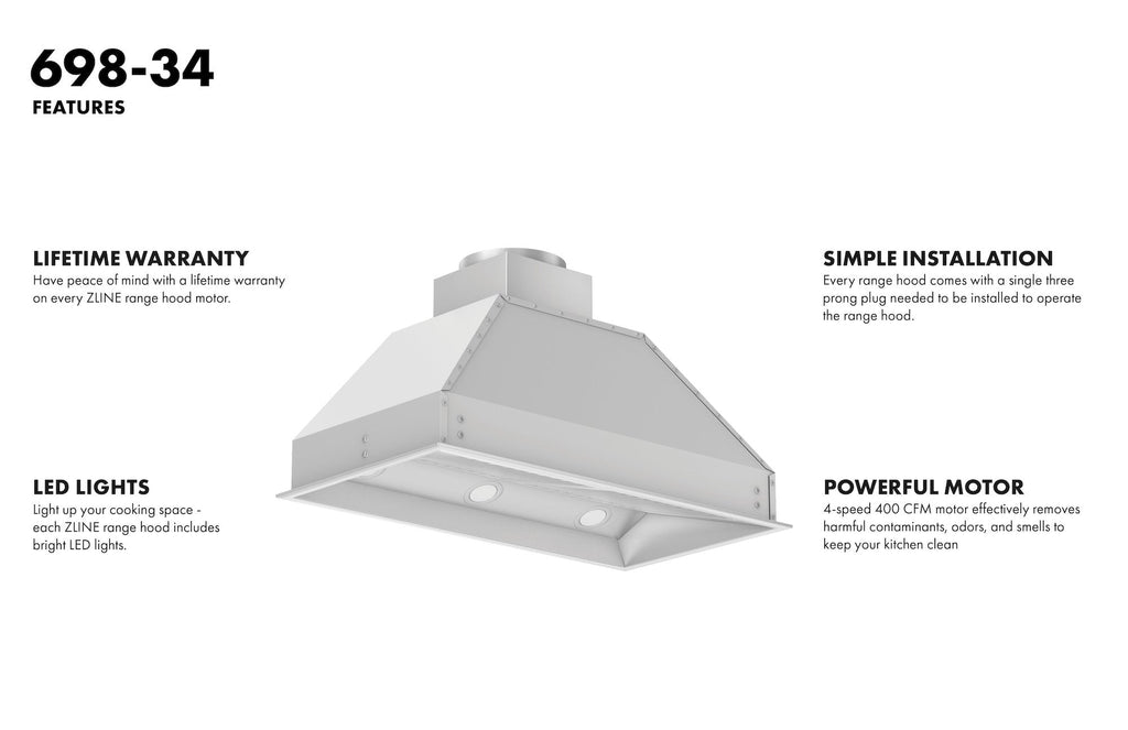 ZLINE 34 in. Outdoor Wall Mount Range Hood Insert 18 in. Depth Stainless Steel 700 CFM (698-304-34)