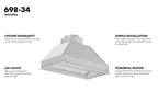 ZLINE 34 in. Outdoor Wall Mount Range Hood Insert 18 in. Depth Stainless Steel 700 CFM (698-304-34)