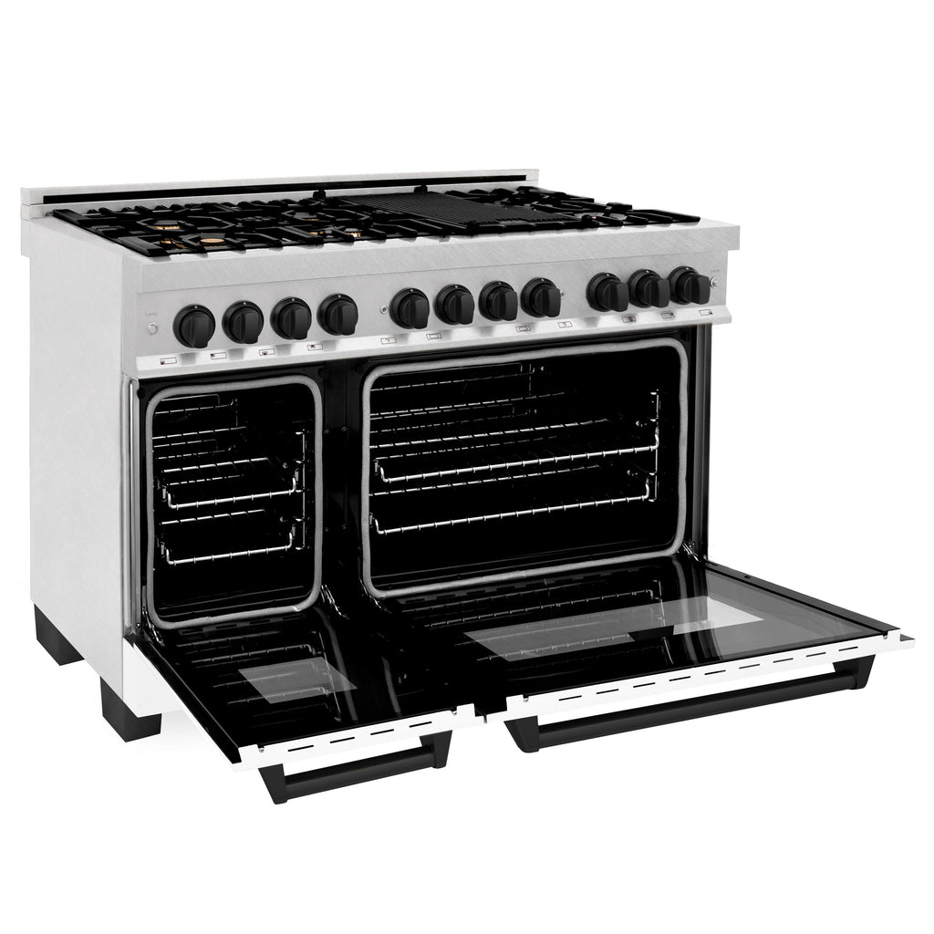 ZLINE Autograph 48 in. 6.0 cu. ft. Legacy Dual Fuel Range with 7 Gas Burners and Double Electric Ovens in Satin Stainless Steel with White Matte Doors and Matte Black Accents (RASZ-WM-48-MB)
