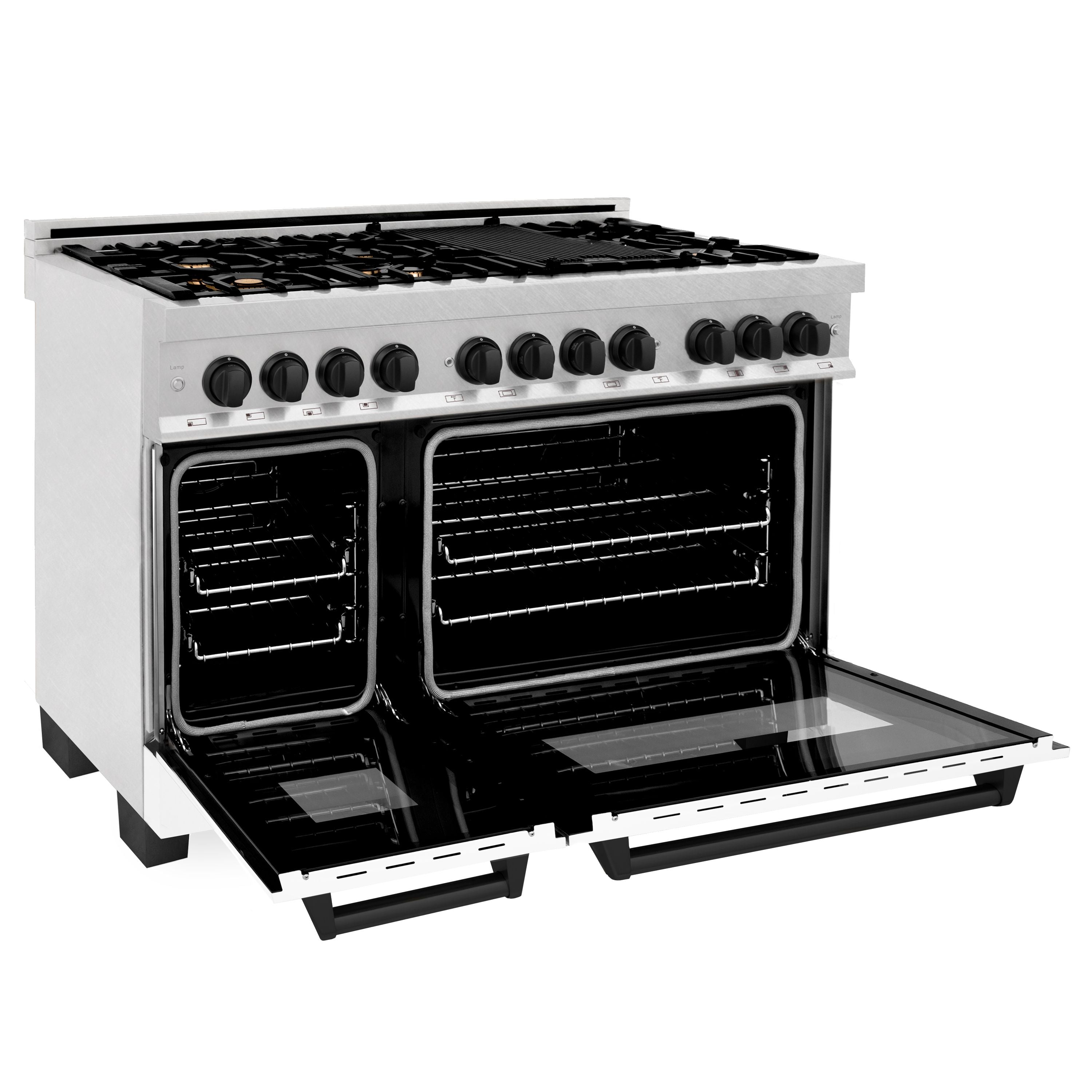 ZLINE Autograph 48 in. 6.0 cu. ft. Legacy Dual Fuel Range with 7 Gas Burners and Double Electric Ovens in Satin Stainless Steel with White Matte Doors and Matte Black Accents (RASZ-WM-48-MB)