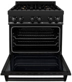 ZLINE Package - 30" Dual Fuel Range, Microwave, Range Hood, Refrigerator With Water And Ice Dispenser, Dishwasher in Black Stainless Steel