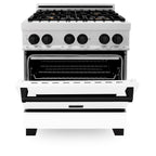 ZLINE Autograph Edition 30 in. 4.0 cu. ft. Legacy Dual Fuel Range with 4-Burner Gas Cooktop and Electric Convection Oven in Satin Stainless Steel with White Matte Door and Matte Black Accents (RASZ-WM-30-MB)