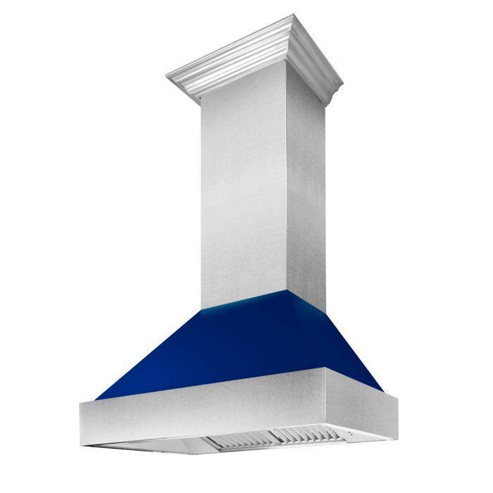 ZLINE 30" Dual Fuel Range in Satin Stainless Steel with Blue Gloss Door & 30" Range Hood Appliance Package, 2KP-RASBGRH30
