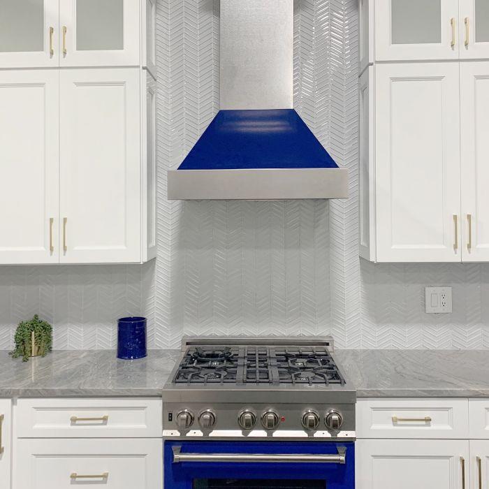 ZLINE 30 in Wall Mount Range Hood Ducted Satin Stainless Steel Blue Gloss Shell 8654BG-30