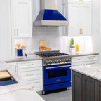 ZLINE 30" Dual Fuel Range in Satin Stainless Steel with Blue Gloss Door & 30" Range Hood Appliance Package, 2KP-RASBGRH30