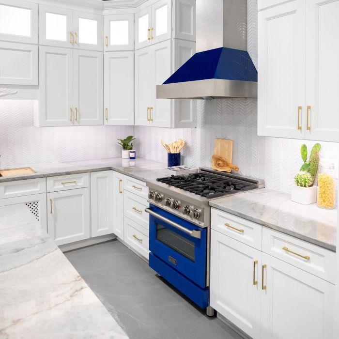 ZLINE 36 in. Wall Mount Range Hood – Satin Stainless Steel with Blue Gloss Shell, 700 CFM, 8654BG-36