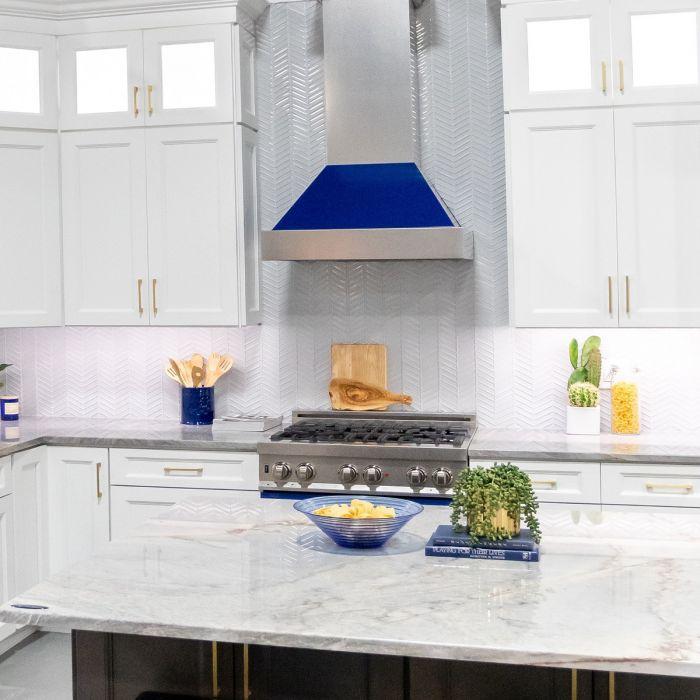 ZLINE 36 in. Wall Mount Range Hood – Satin Stainless Steel with Blue Gloss Shell, 700 CFM, 8654BG-36