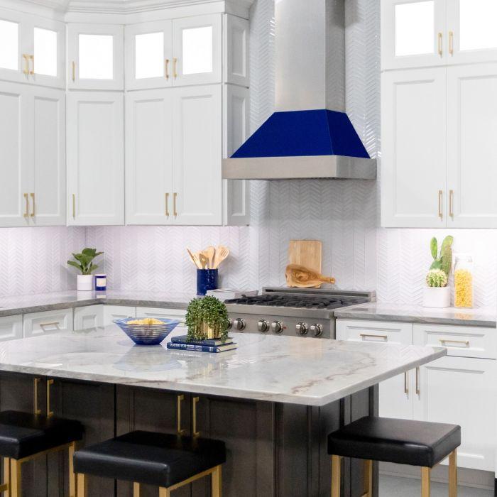 ZLINE 48 in. Wall Mount Range Hood Ducted 700 CFM Satin Stainless Steel with Blue Gloss Shell (8654BG-48)