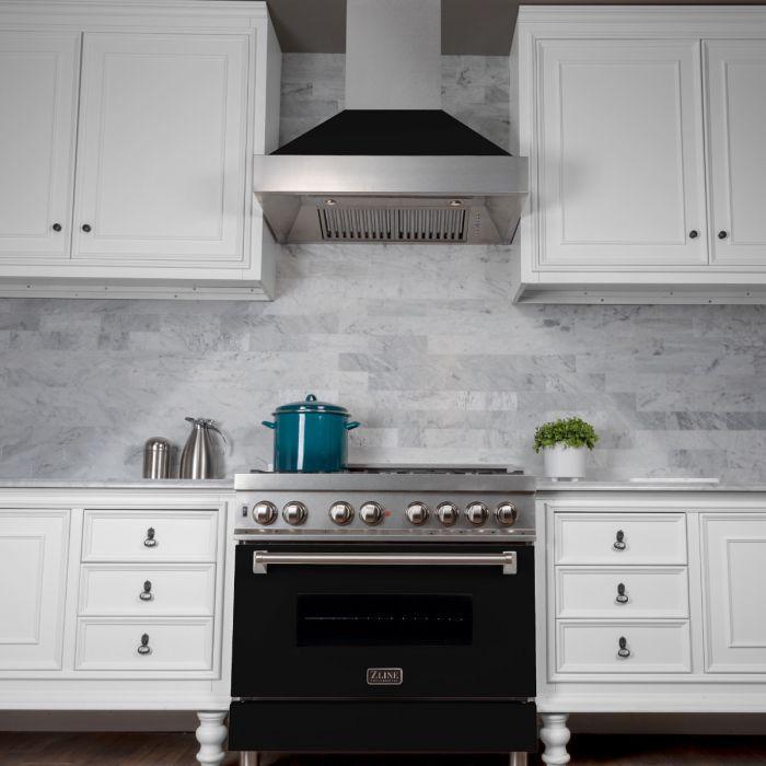 ZLINE 36 in. Wall Mount Range Hood Ducted Satin Stainless Steel Black Matte Shell 8654BLM-36