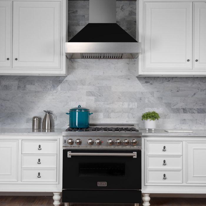ZLINE 36 in. Wall Mount Range Hood Ducted Satin Stainless Steel Black Matte Shell 8654BLM-36