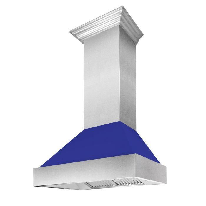 ZLINE 30 in. Wall Mount Range Hood – Satin Stainless Steel & Blue Matte Finish, Ducted, 400 CFM (8654BM-30)