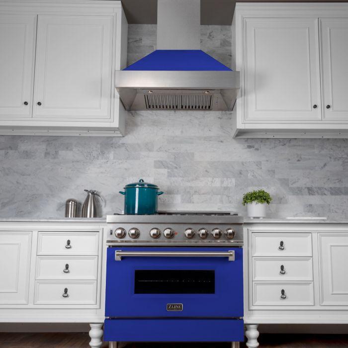 ZLINE 30 in. Wall Mount Range Hood – Satin Stainless Steel & Blue Matte Finish, Ducted, 400 CFM (8654BM-30)