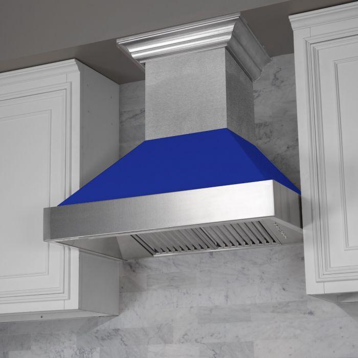 ZLINE 48 in. Wall Mount Range Hood – Satin Stainless Steel, Blue Matte Shell, Ducted, 8654BM-48