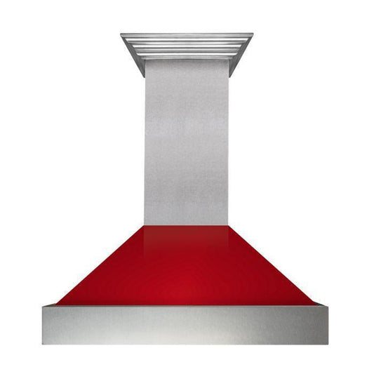 ZLINE 36 in. Wall Mount Range Hood – Ducted, Satin Stainless Steel with Red Gloss Shell, 400 CFM (8654RG-36)