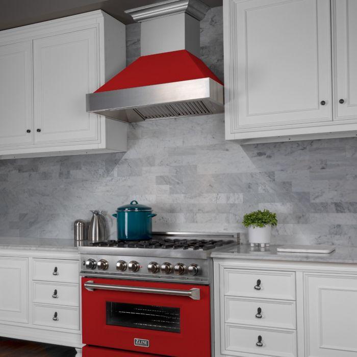 ZLINE 36 in. Wall Mount Range Hood Ducted Satin Stainless Steel with Red Matte Shell 700 CFM (8654RM-36)