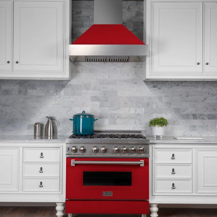 ZLINE 36 in. Wall Mount Range Hood Ducted Satin Stainless Steel with Red Matte Shell 700 CFM (8654RM-36)