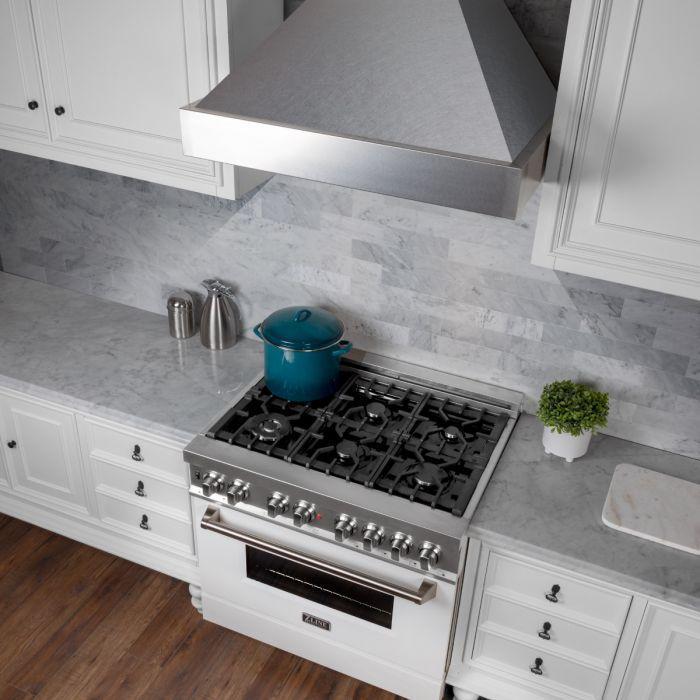 ZLINE 36 in. Kitchen Appliance Package with Satin Stainless Steel Stainless Dual Fuel Range, Ducted Vent Range Hood and Tall Tub Dishwasher, 3KP-RASRH36-DWV