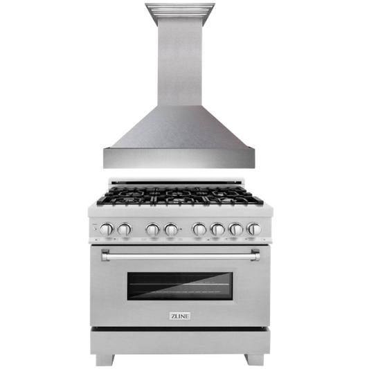 ZLINE 36 in. Dual Fuel Range & 36 in. Range Hood in Satin Stainless Steel Appliance Package, 2KP-RASSNRH36