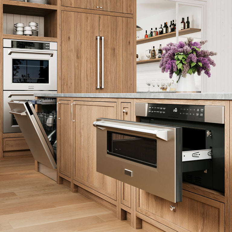 ZLINE Appliance Package - 48" Gas Range, Range Hood, 36" Refrigerator with Water/Ice Dispenser, 24" Microwave Drawer and Dishwasher in Stainless Steel
