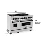 ZLINE Autograph 48 in. Legacy Dual Fuel Range with 7 Gas Burners and Double Electric Ovens (6.0 cu. ft.) in Satin Stainless Steel with Matte Black Accents – RASZ-SN-48-MB