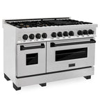 ZLINE Autograph 48 in. Legacy Dual Fuel Range with 7 Gas Burners and Double Electric Ovens (6.0 cu. ft.) in Satin Stainless Steel with Matte Black Accents – RASZ-SN-48-MB