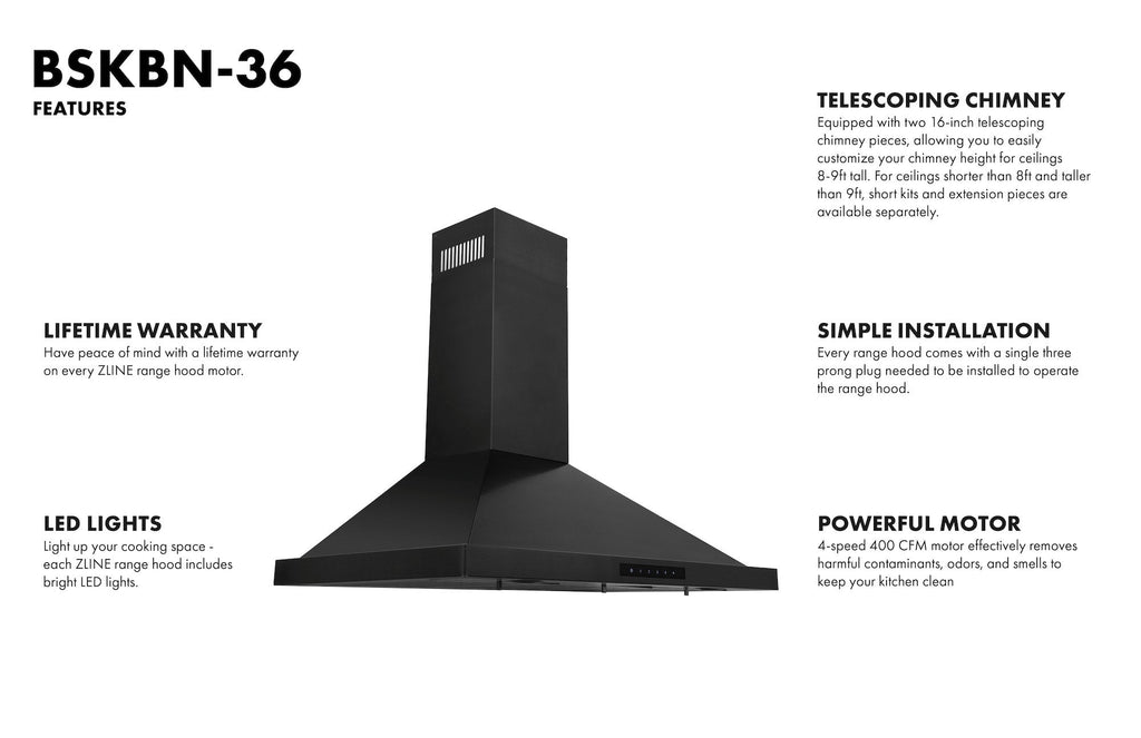 ZLINE 36 in Wall Mount Range Hood Convertible Black Stainless Steel 400 CFM (BSKBN-36)