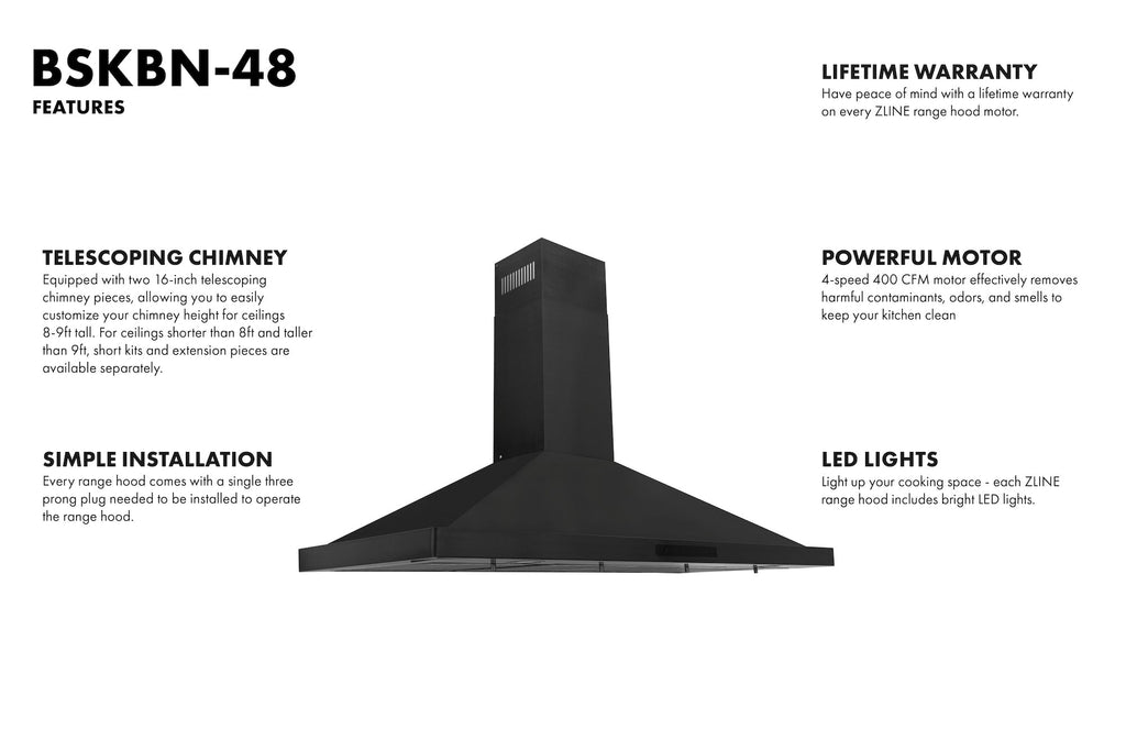 ZLINE 48 in. Wall Mount Range Hood Convertible Vent Black Stainless Steel 400 CFM (BSKBN-48)