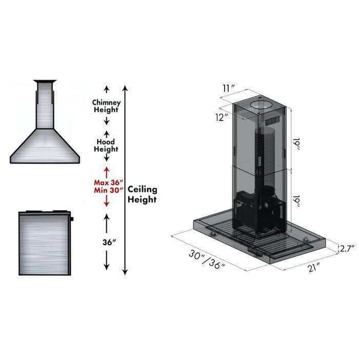ZLINE 36 in. Island Mount Range Hood, Black Stainless Steel, 400 CFM Convertible Vent, LED Lighting (BSKE2iN-36)