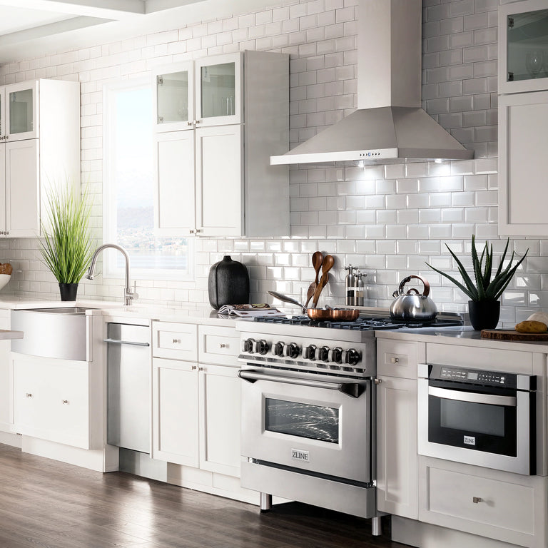ZLINE Appliance Package - 30" Gas Range, Range Hood, 36" Refrigerator with Water/Ice Dispenser, 24" Microwave Drawer and Dishwasher in Stainless Steel
