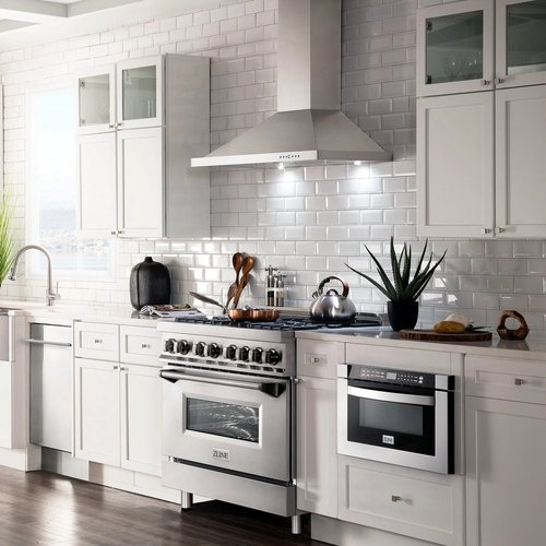ZLINE Appliance Package - 36" Dual Fuel Range, Range Hood, Refrigerator with Water and Ice Dispenser, Microwave Drawer, Dishwasher and Wine Cooler