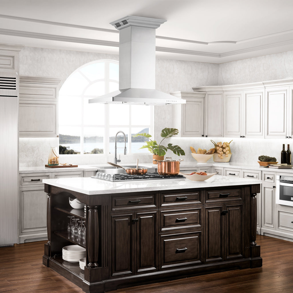 ZLINE 42 in. Island Mount Range Hood 400 CFM Stainless Steel Built-In Bluetooth Speakers (GL2iCRN-BT-42)